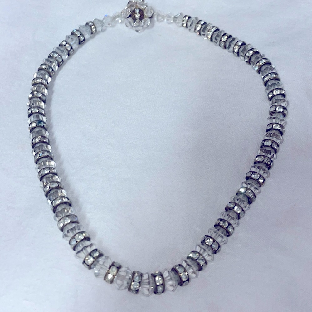 Vintage silver tone round white crystal bead chain flower slide clasp closure ch
